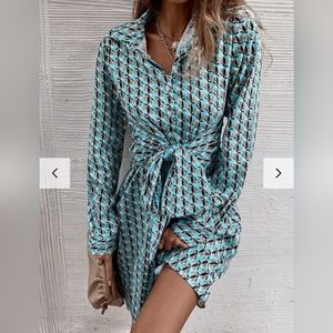 Elegant Teal Patterned Long Sleeve Dress